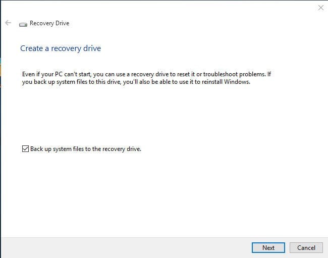 Backup System Files to the Recovery Drive
