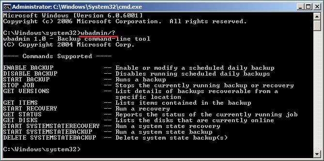 WBAdmin Supported Commands Windows Server 2008