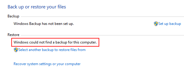 Windows could not find a backup for this computer