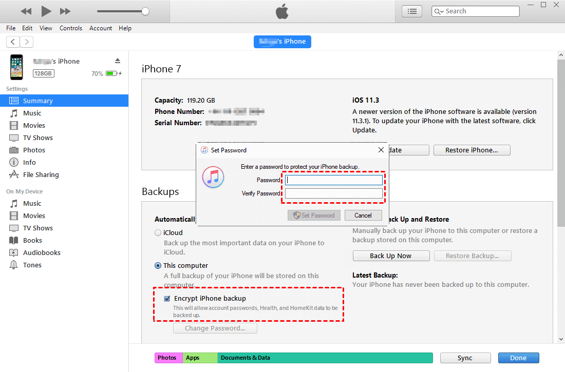 Create Encrypted Backup Password iTunes