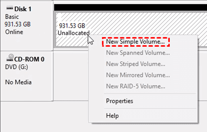 click new simple volume
