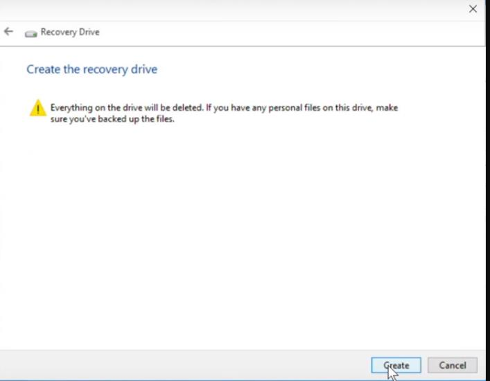 Create Recovery Drive Warning