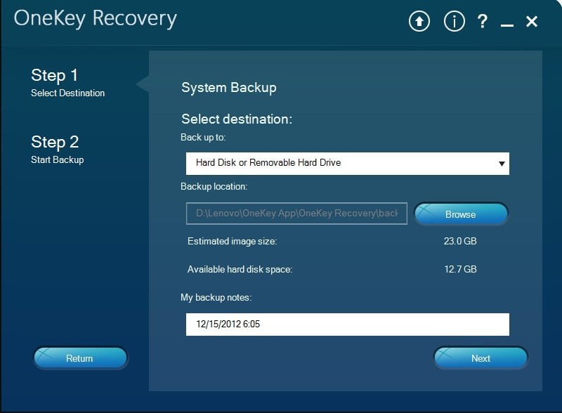 Lenovo OneKey Recovery 8.0 Select System Backup Destination