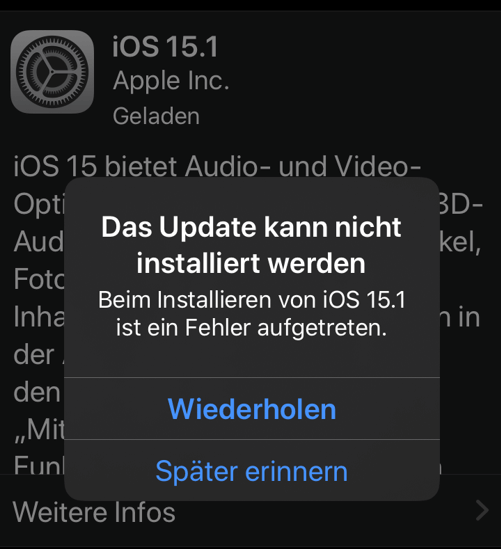Gelöscht: iOS 15 das Update kann nicht installiert werden