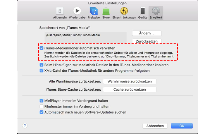 iTunes-Medienordner automatisch verwalten