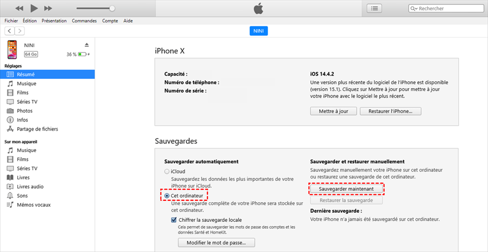 Sauvegarder iPhone sur iTunes