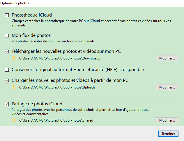 Options de photos sur iCloud pour Windows