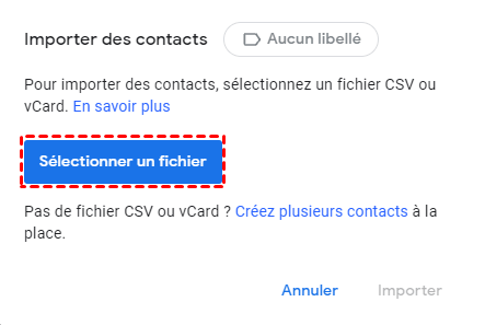Sélectionner un fichier à importer sur Google Contacts