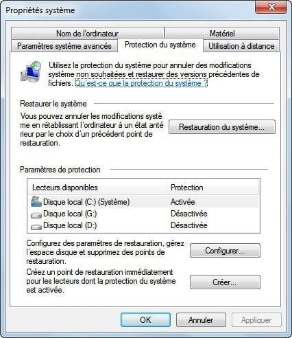 Créer point de restauration Windows 7