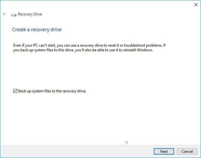 Backup System Files to Recovery Drive
