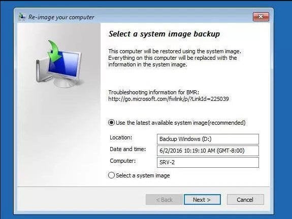 Select a System Image Backup