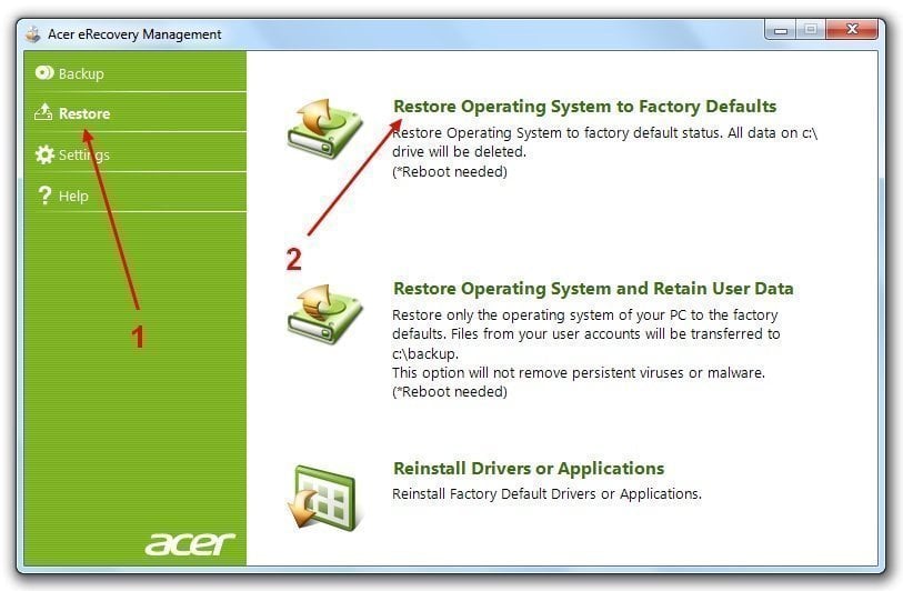 Acer eRecovery Management V7 Restore