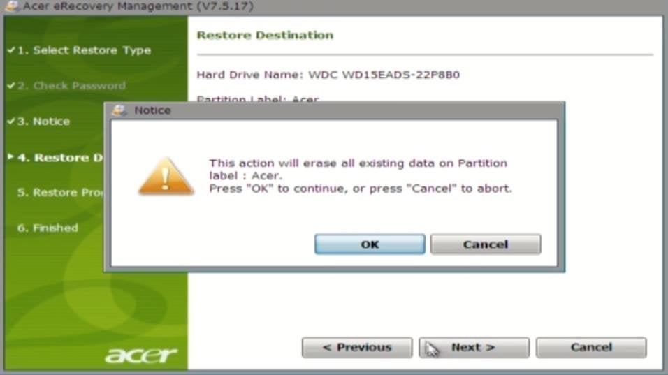 Acer Restore Confirmation