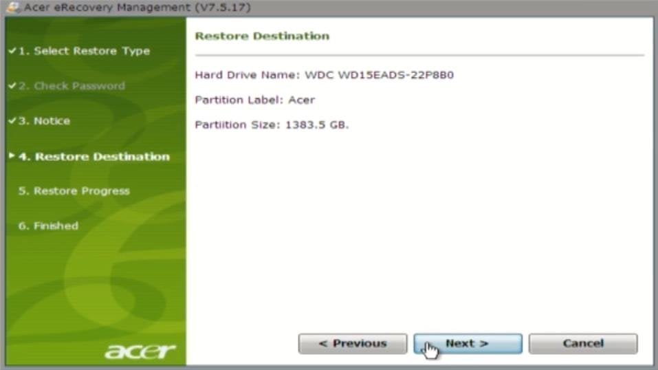 Acer Restore Destination