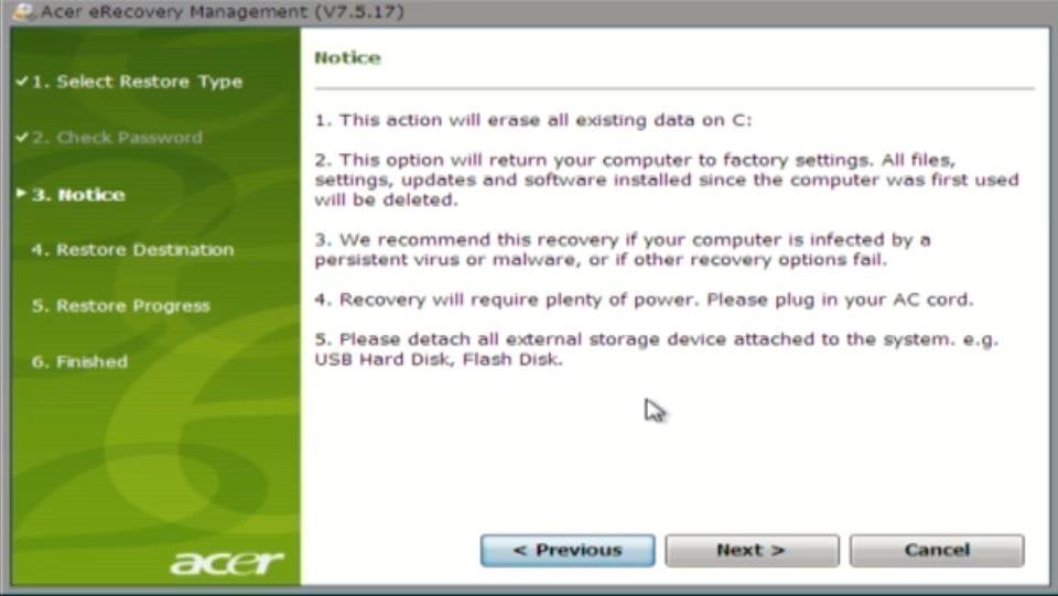 Acer Restore Notice
