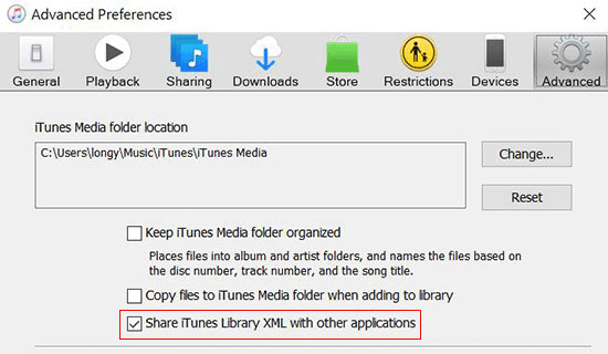 Turn On Share iTunes Library XML