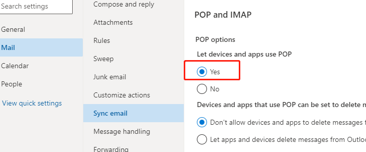 select yes under pop imap