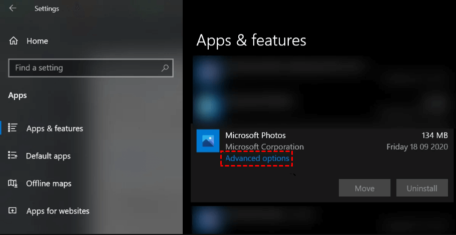 Microsoft Photos Advanced Options