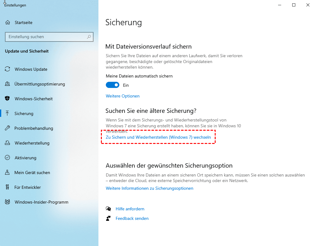 Zu Sichern und Wiederherstellen (Windows 7) wechseln