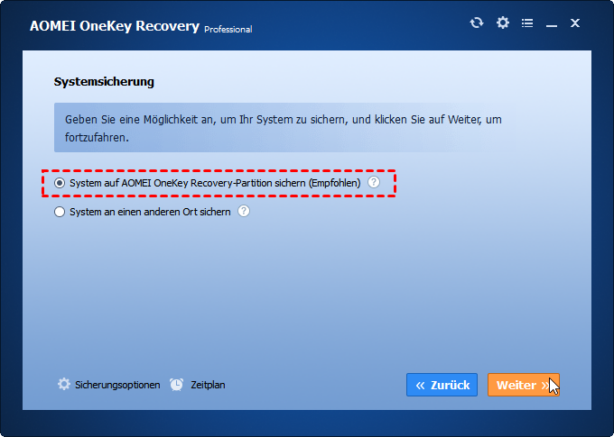 System auf AOMEI OneKey Recovery-Partition sichern (empfohlen)
