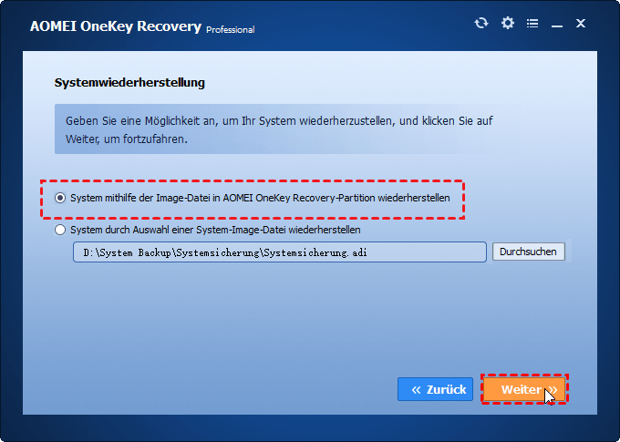 Recovery Partition wählen