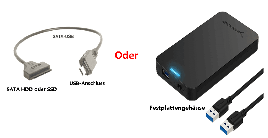 USB-zu-SATA-Kabel und Festplattengehäuse