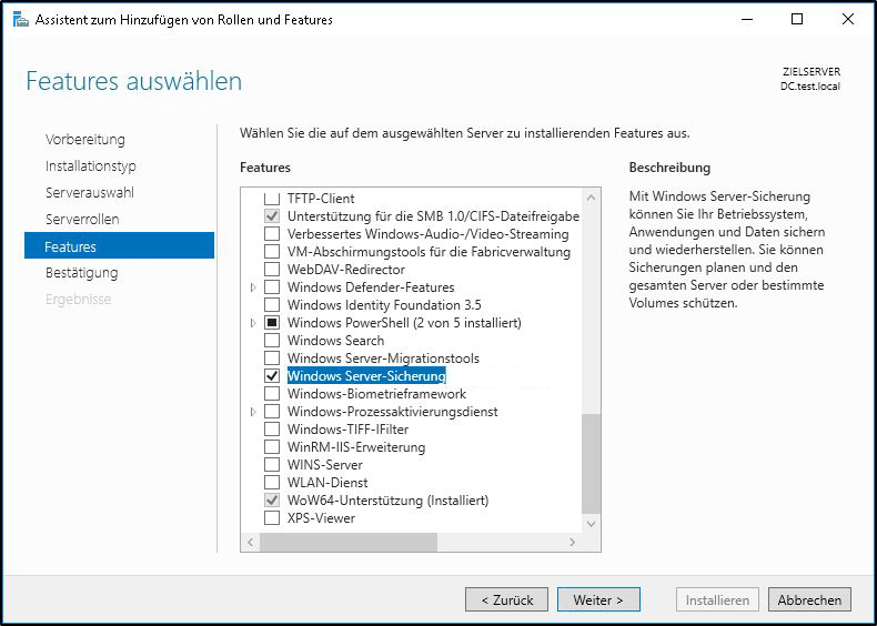 Windows Server-Sicherung auswählen