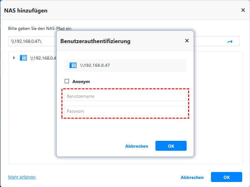 Share oder NAS-Geräte hinzufügen