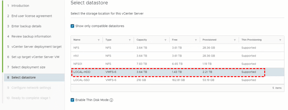 select datastore for restoring vcenter backuo