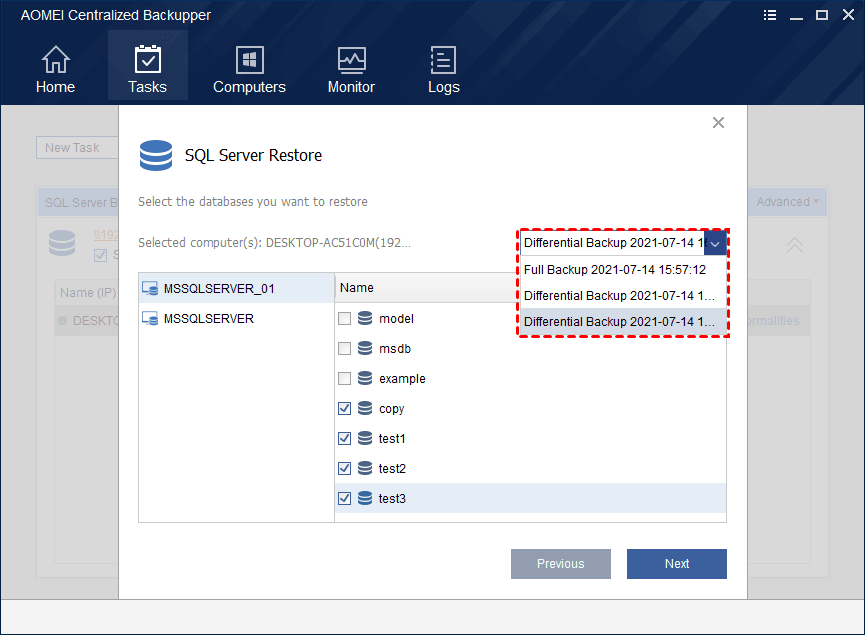 select database and specific backup to restore