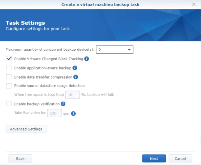 vSphere backup task settings