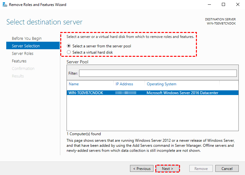 Select a Server to disable Hyper-V