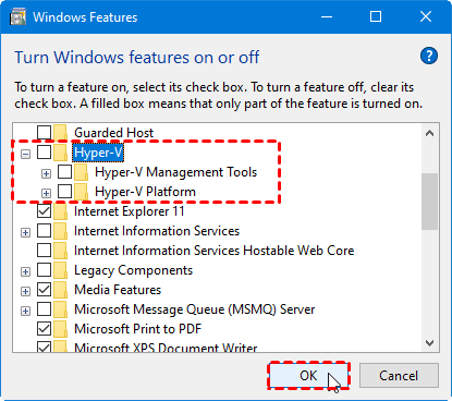Uncheck Hyper-V features