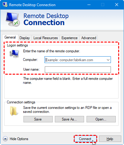 Remote desktop connection general tab