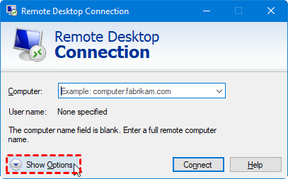 Remote desktop connection show options