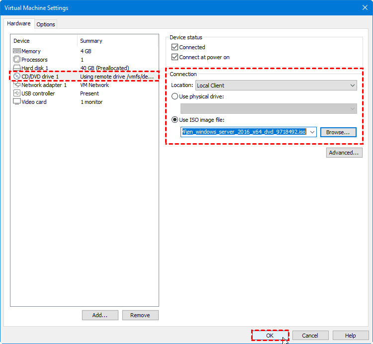 Connect Windows Server 2016 ISO file