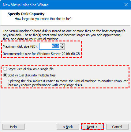Specify disk capacity for new Workstation VM