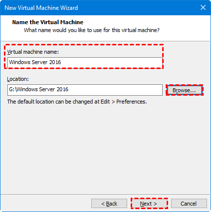Specify name and location for new workstation VM