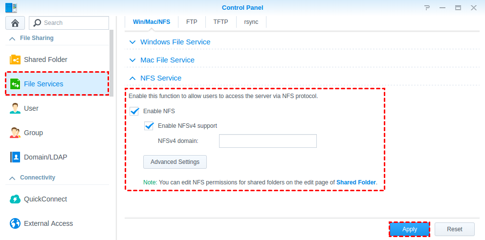 Enable NFS on Synology