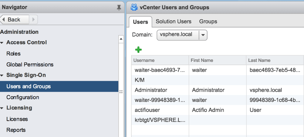 vCenter Single Sign-On Users tab