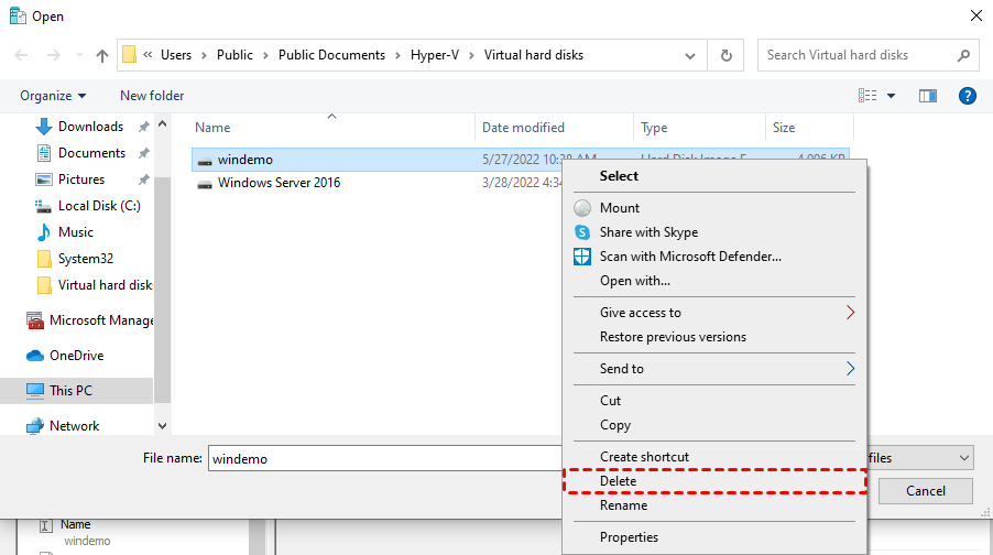 Delete virtual hard disk in folder