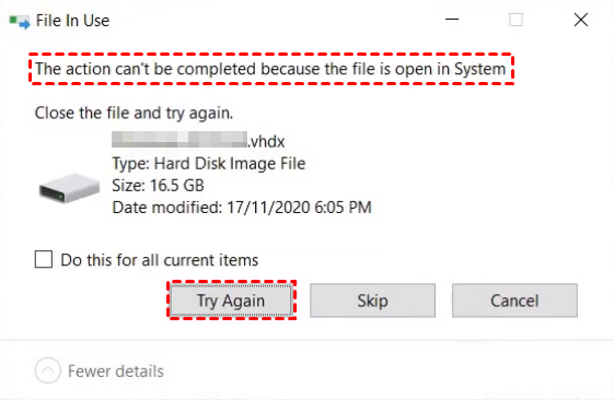 The action cant be completed because the file is open in system