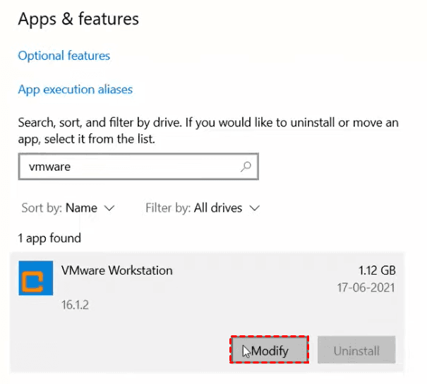 remove VMware Workstation via app&features
