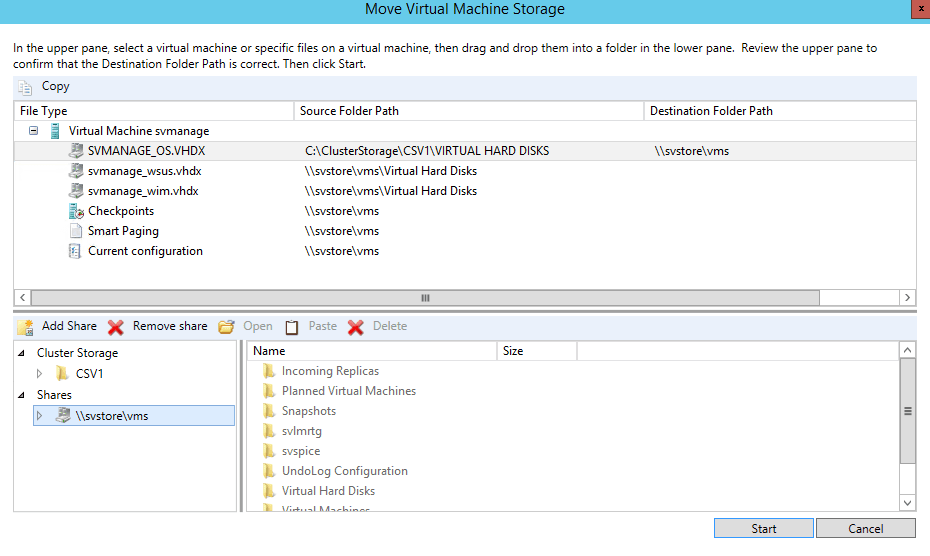 use Failover Cluster Manager to move Hyper-V storage