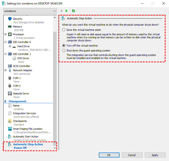 Hyper-V Manager Automatic Stop Action