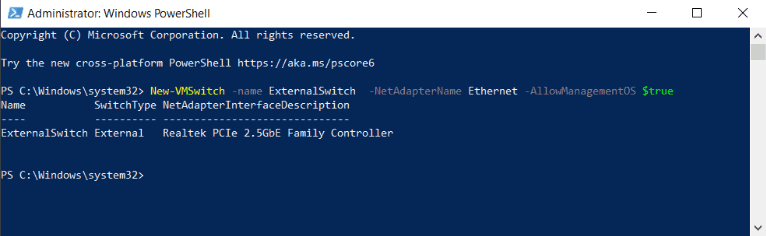 use PowerShell to create an external switch
