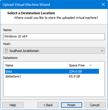 Select a datastore for the uploaded VM