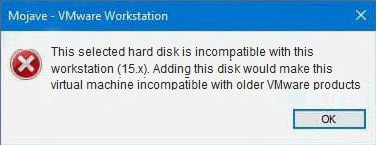 The selected virtual disk is incompatible with this workstation