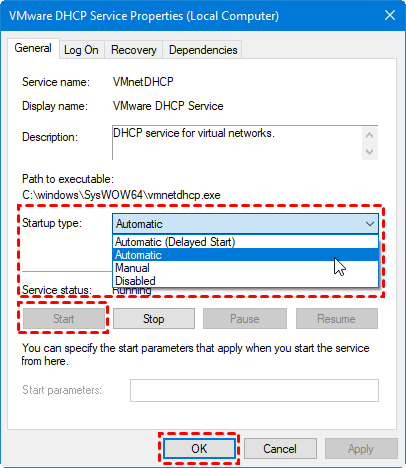 Automatically start VMware DHCP Service