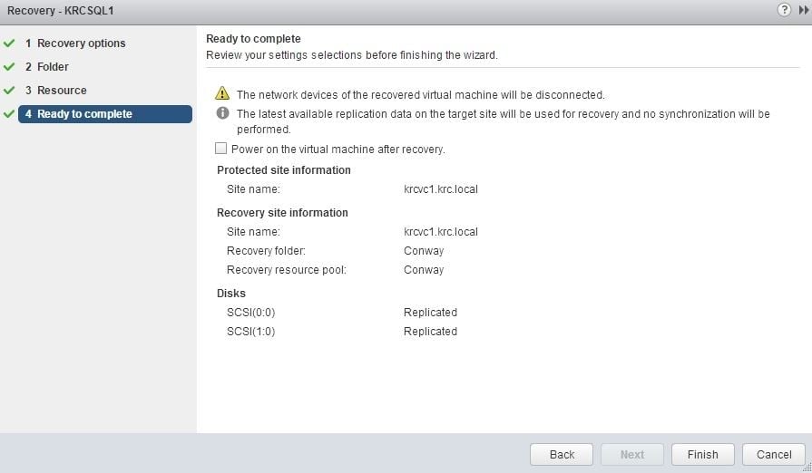 finish recovering a replicated vm